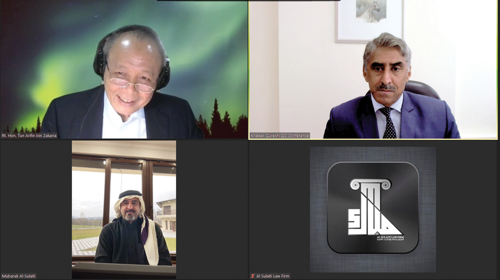 Former Chief Justice of Malaysia and Arbitrator Member of McNair Chambers, Tun Arifin bin Zakaria; Head of McNair Chambers, Professor Khawar Qureshi QC; and Chairman of Al Sulaiti Law Firm, Mubarak Al Sulaiti, during the webinar.