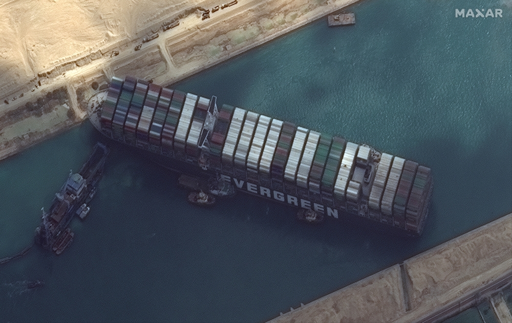 Ever Given container ship is pictured in Suez Canal in this Maxar Technologies satellite image taken on March 26, 2021. Maxar Technologies