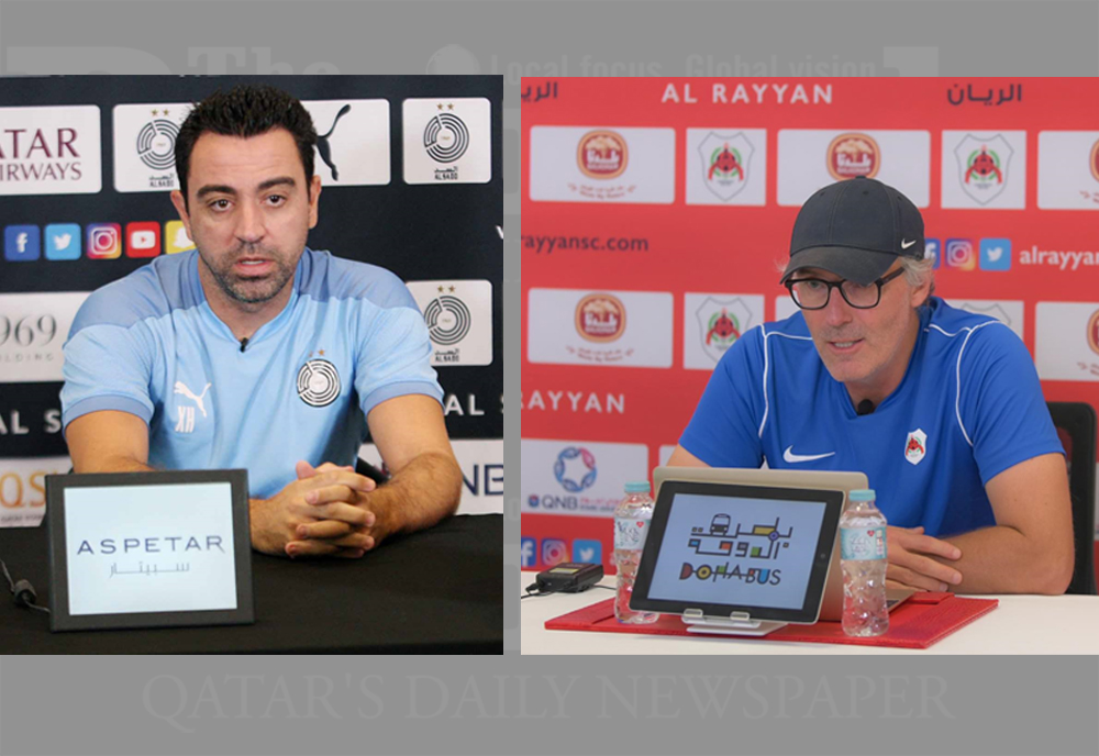 Al Sadd coach Xavi Hernandez (left) and Al Rayyan coach Laurent Blanc speak to media ahead of ‘Qatar Clasico’ yesterday. The match will kick off at 8:30pm.     