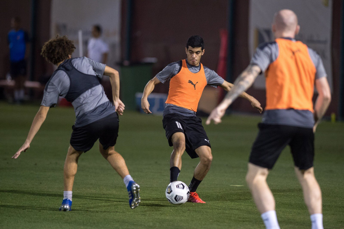 Al Arabi's players in action during a training session ahead of the first Amir Cup semi-final against Al Sadd.