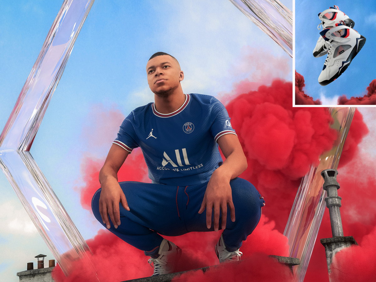 PSG star Kylian Mbappe sporting the new home shirt. (Inset) Air Jordan 7  