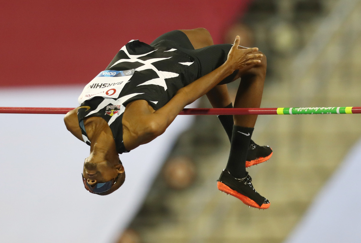 Qatar's world champion Mutaz Essa Barshim in action during the men’s high jump event at the Doha Diamond League yesterday.