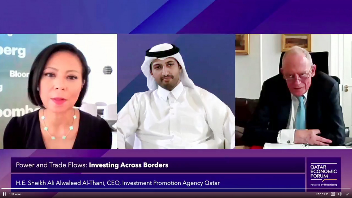 H E Sheikh Ali Alwaleed Al Thani, Chief Executive Officer of the Investment Promotion Agency Qatar (IPA Qatar), participating during a session on “Investing Across Borders” at the Qatar Economic Forum Powered by Bloomberg, yesterday. 