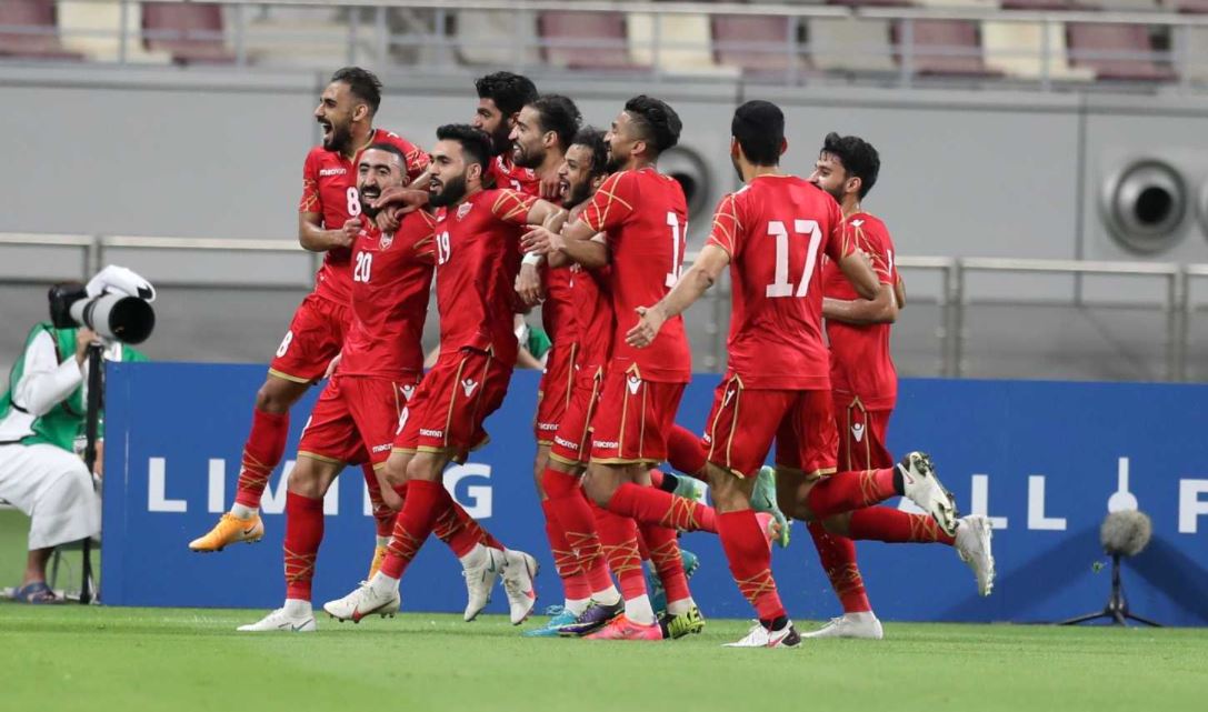 Bahrain players celebrate after scoring a goal yesterday. PIC: HUSSAIN SAYED 