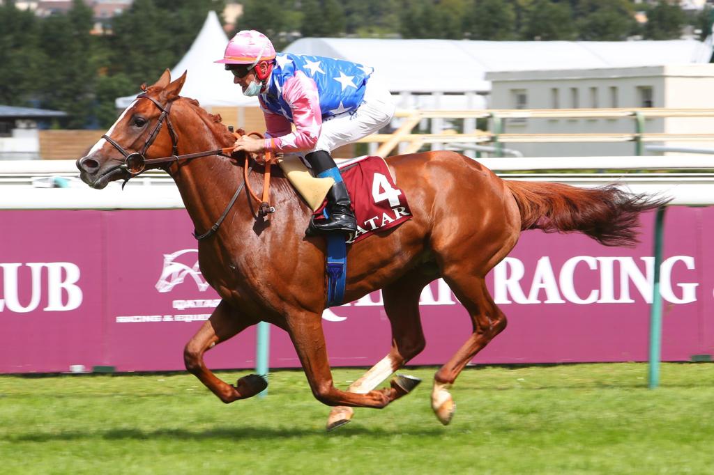 Jockey Olivier Peslier guides H E Sheikha Reem bint Mohammed bin Khalifa Al Thani's Samlla to victory in the Gr.1 PA Al Rayyan Cup (Prix Kesberoy) at Deauville racecourse in France, yesterday. Pictures: Scoopdyga