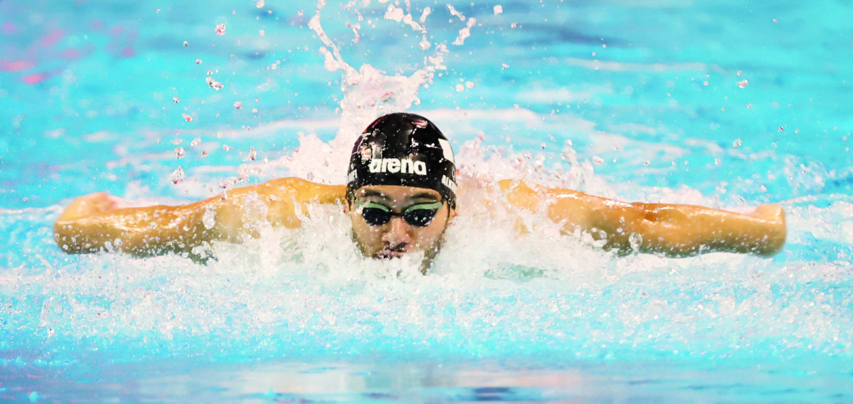 A Qatari swimmer in action during the penultimate day of the 28th GCC Aquatics Championships at Hamad Aquatic Complex in Doha, yesterday. Pictures: Amed Oukda / QSA
