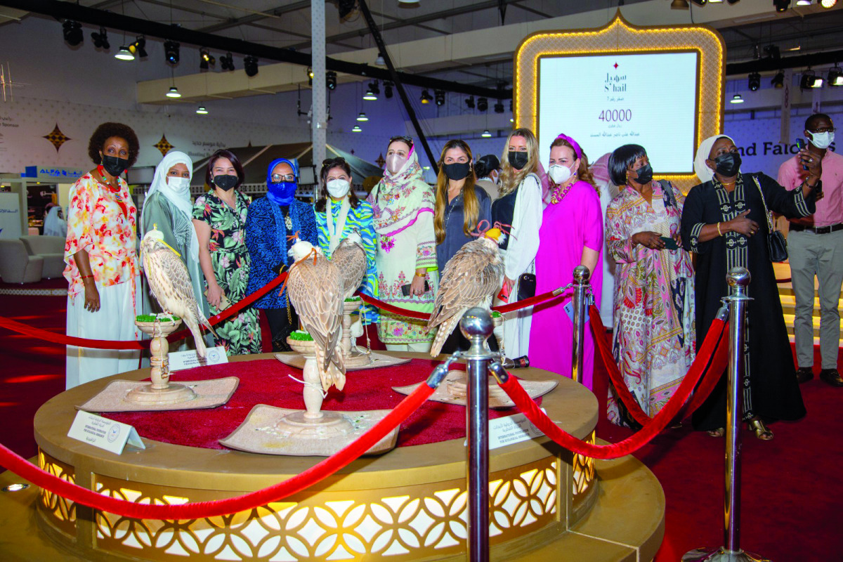 The wives of Ambassadors during their visit to the 5th edition of Katara International Hunting and Falcons Exhibition (S’hail 2021), yesterday.