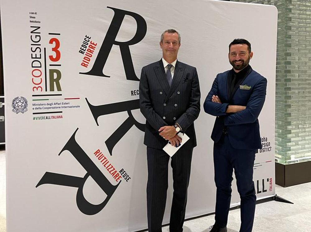 Italian Ambassador to Qatar H E Alessandro Prunas and artist Luca Gnizio during the opening of “3CODESIGN - 3R: Reduce, Recycle, Reuse” exhibition.