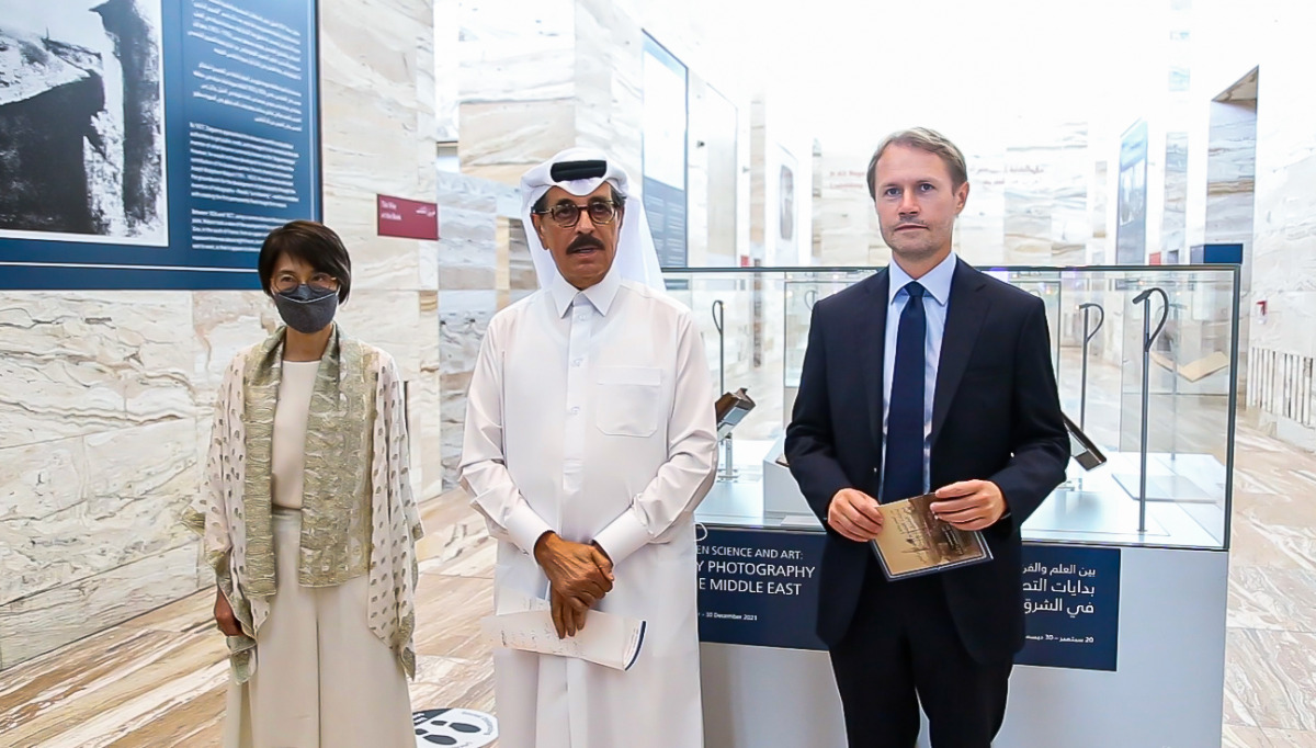 Dr. Hamad bin Abdulaziz Al Kawari, Minister of State and President of Qatar National Library; Jean-Baptiste Faivre, Ambassador of France; and Tan Huism, Executive Director at QNL during the opening of the exhibition yesterday.