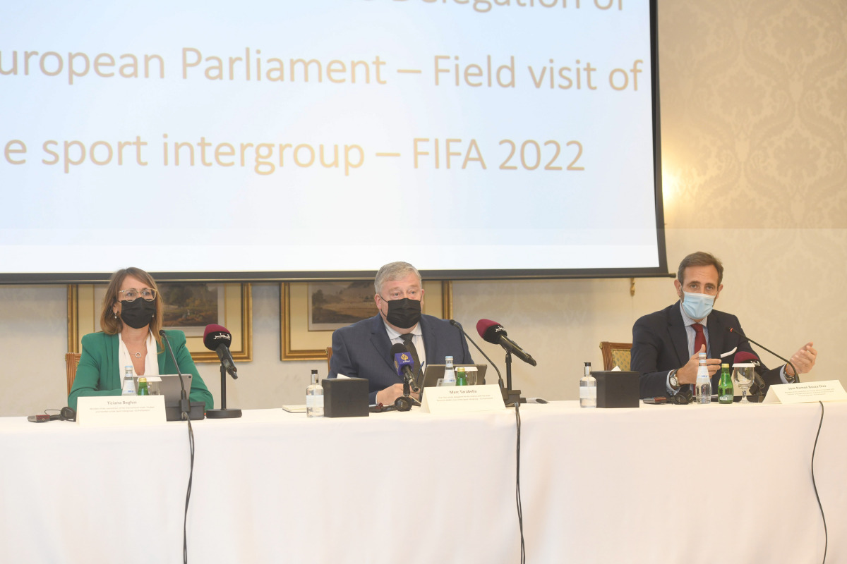 Members of the European Parliament Tiziana Beghin (left), Marc Tarabella (centre) and Jose Ramon Bauza Diaz addressing a press conference in Doha, yesterday. Pic: Amr Diab