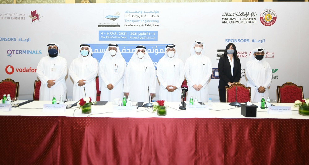 Acting Assistant Undersecretary of Land Transport Affairs at MoTC Eng. Hamad Essa Abdulla; Chairman of the Board of Directors of Qatar Society of Engineers Eng. Khalid bin Ahmed Al Nasr; and other officials during the press conference held yesterday.