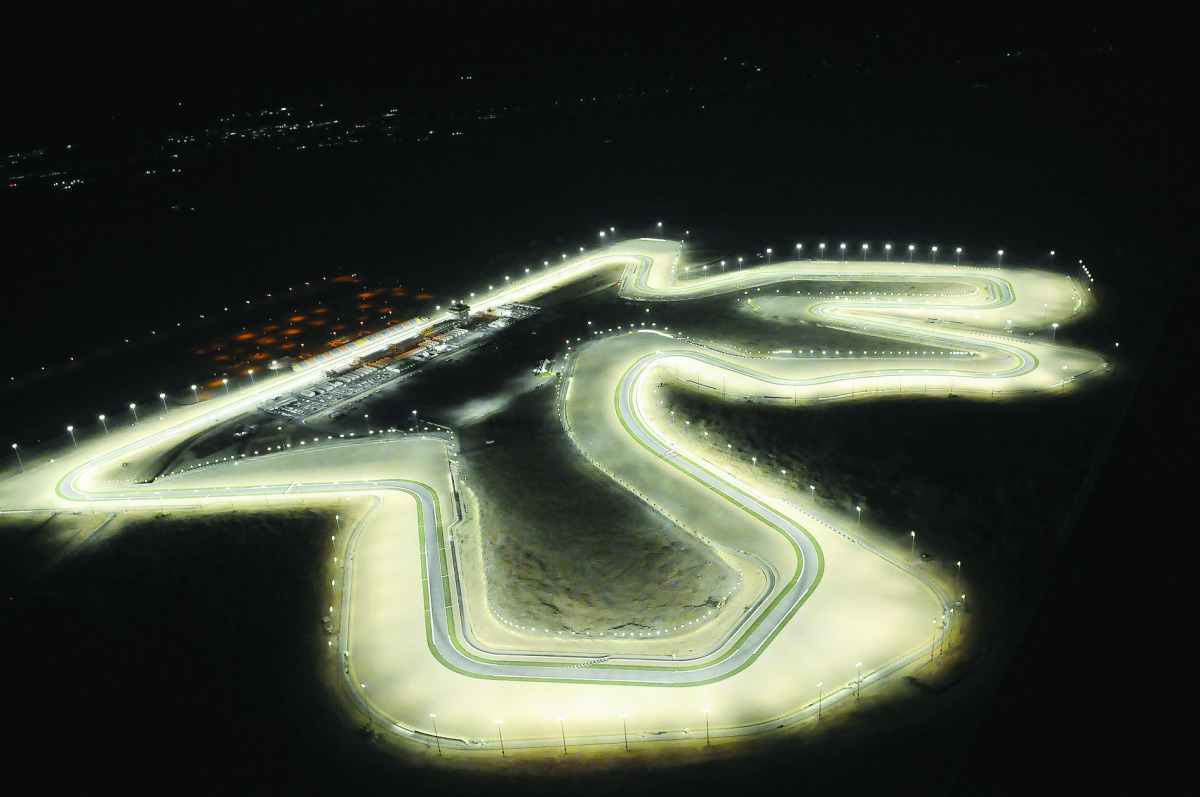 An aerial view of the floodlit Losail International Circuit.