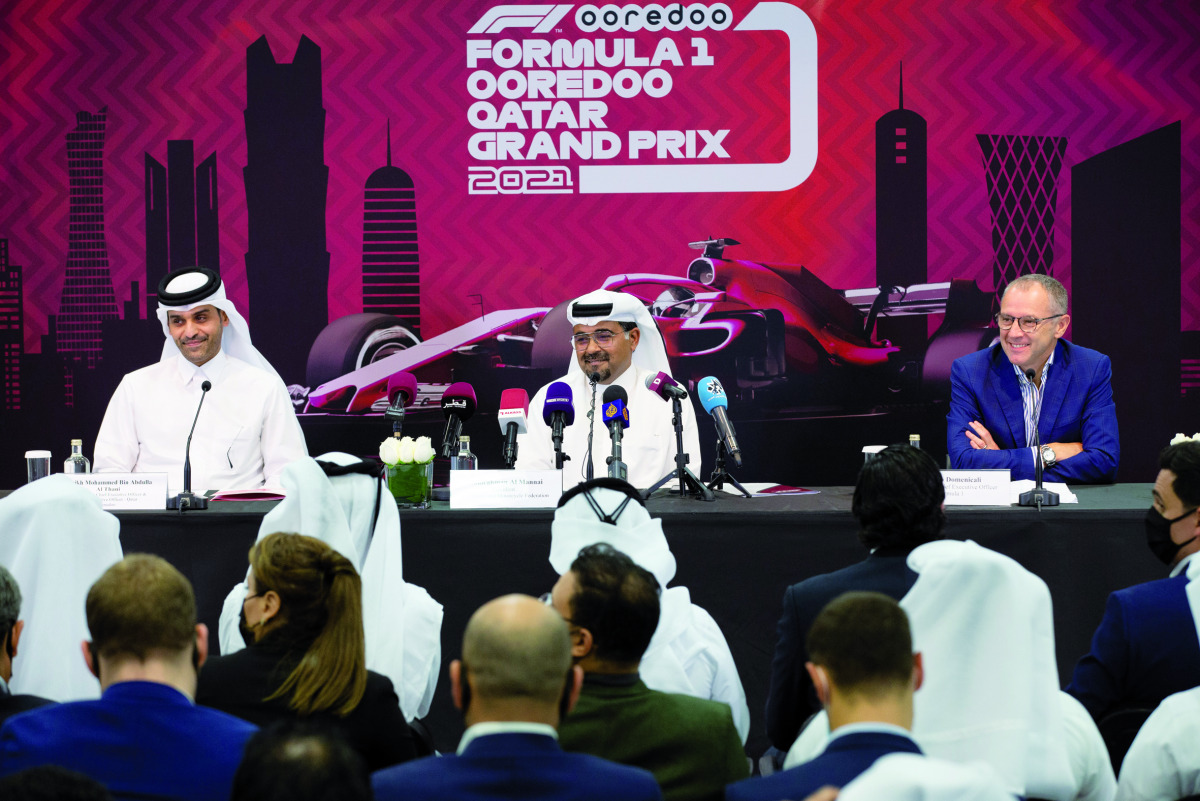 FROM LEFT: Deputy Group Chief Executive Officer and CEO of Ooredoo Qatar Sheikh Mohammed bin Abdulla Al Thani; QMMF President Abdulrahman Al Mannai, and President & CEO of Formula 1 Stefano Domenicali during press conference at Losail International Circui