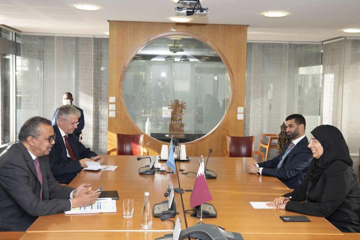 Minister of Public Health H E Dr. Hanan Mohamed Al Kuwari (first right); WHO Director-General H E Dr. Tedros Adhanom Ghebreyesus (first left); and other officials on the occasion of signing the agreement, at WHO headquarters in Geneva, yesterday.  