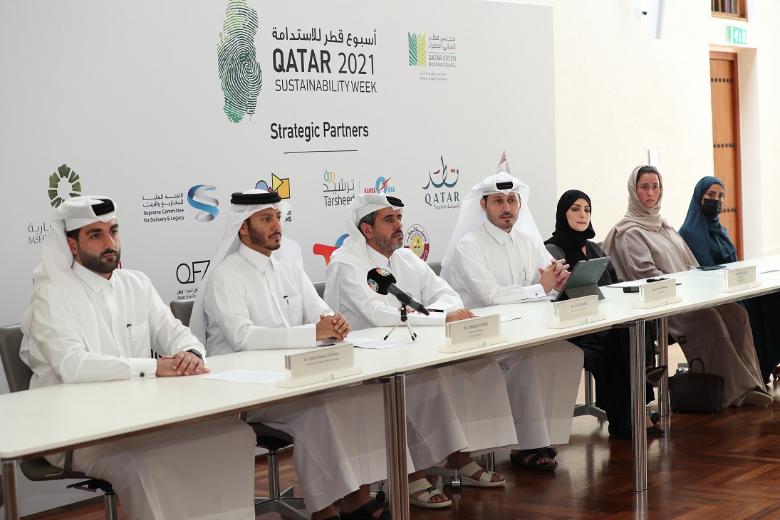 Director of QGBC, Engineer Meshal Al Shammari (fourth right) with officials of strategic partner organisations at the press conference.