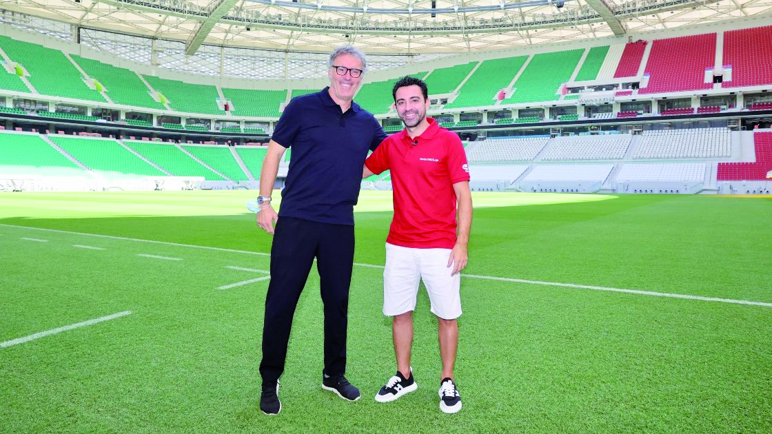 Al Rayyan's coach Laurent Blanc (left) with Al Sadd's coach Xavi Hernandez during a visit to Al Thumama Stadium ahead of the Amir Cup final which will take place tomorrow.