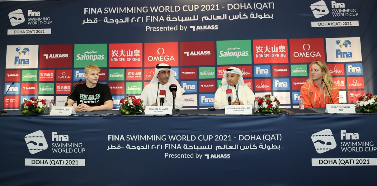 FROM LEFT: South African star Matthew Sates, QSA President Khaleel Al Jabir, FINA President Husain Al Musallam and Dutch swimmer Kira Toussaint attending a press conference yesterday.