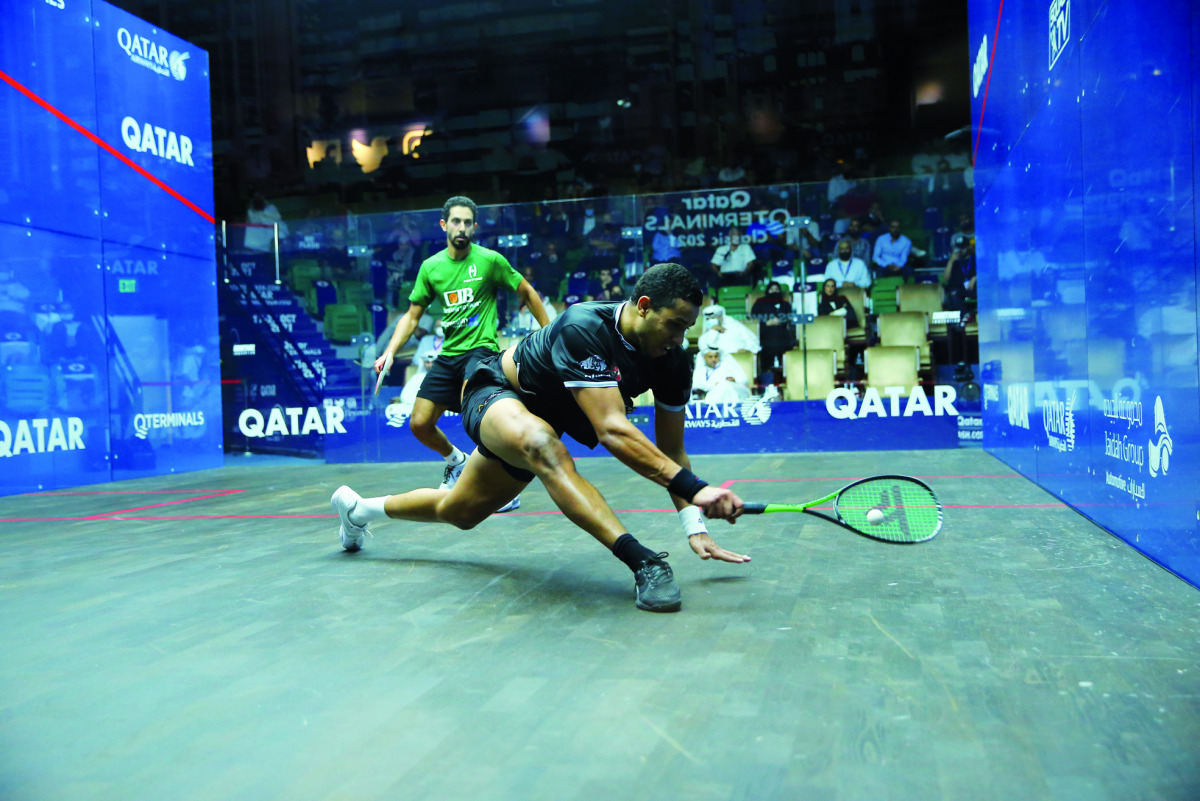 Mostafa Asal plays a shot during his quarter-final against Tarek Momen yesterday. 