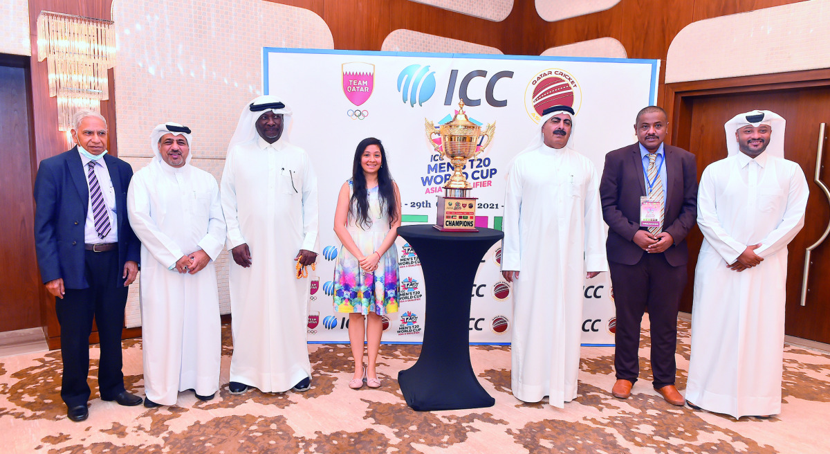 Qatar Cricket Association President Youssef Jaham Al Kuwari, General Secretary Abdulla Aman Al Khater, Operations Manager Manzoor Ahmad and ICC Tournament Director Niteesha Kothari with officials after a press conference held in Doha, yesterday. Pic: Abdu