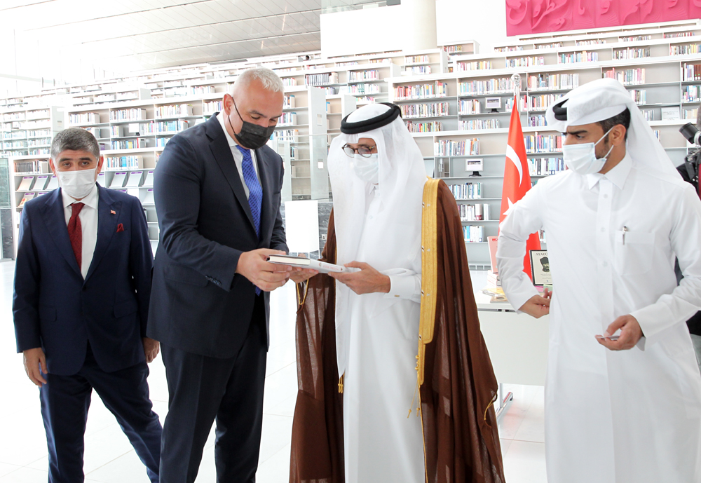 Minister of State and President of Qatar National Library H E Dr. Hamad bin Abdulaziz Al Kawari and  Turkish Minister of Culture and Tourism H E Mehmet Nuri Ersoy during the book donation ceremony. Turkish ambassador to Qatar, H E Mustafa Göksu was also p