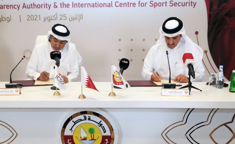 H E Hamad bin Nasser Al Misnad (right), President of ACTA and Mohammed bin Hamad Al Hanzab, Chairman of the ICSS, signing the MoU, yesterday.