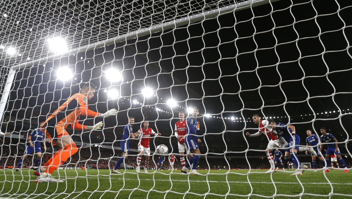 Arsenal's Calum Chambers scores their first goal Action Images via Reuters/Matthew Childs