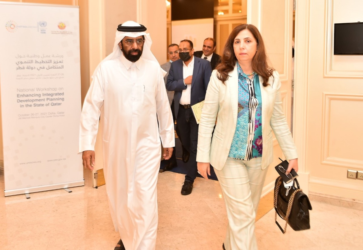 President of Planning and Statistics Authority, H E Dr. Saleh bin Mohammed Al Nabit, and Under-Secretary-General of the United Nations and Executive Secretary of ESCWA, Rola Dashti at the event, yesterday.