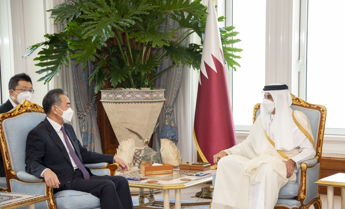 Amir H H Sheikh Tamim bin Hamad Al Thani met at the Amiri Diwan yesterday with State Councillor and Foreign Minister of the People’s Republic of China H E Wang Yi and the accompanying delegation, on the occasion of their visit to the country.