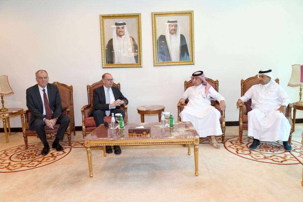 Minister of State for Foreign Affairs H E Sultan bin Saad Al Muraikhi meeting with Minister of State at the Federal Foreign Office of Germany H E Niels Annen, in Doha, yesterday. 