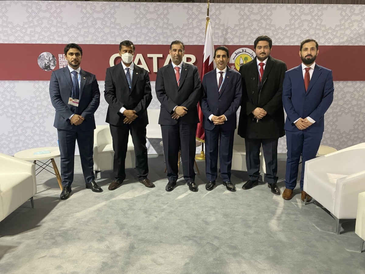 Minister of Environment and Climate Change, H E Sheikh Dr. Faleh bin Nasser bin Ahmed bin Ali Al Thani, and other officials at the opening of Qatar Pavilion at UN Climate Change Conference in Glasgow, yesterday.