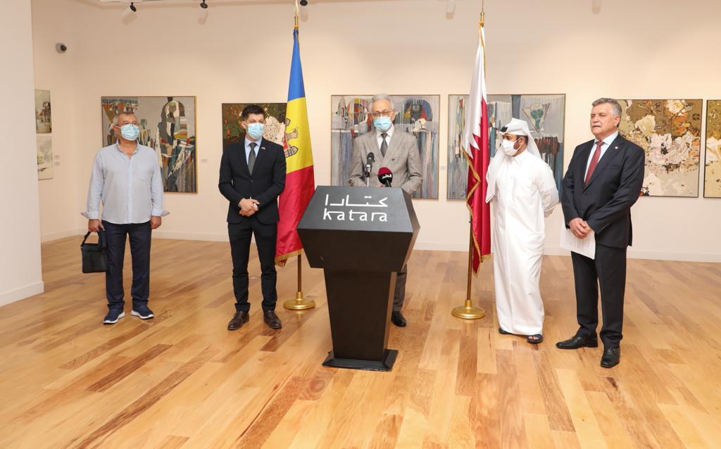 General Manager of Cultural Village Foundation Katara, Professor Dr. Khalid bin Ibrahim Al Sulaiti and Ambassador Extraordinary and Plenipotentiary of Republic of Moldova to Qatar, Victor Ţvircun with other officials at the exhibition.