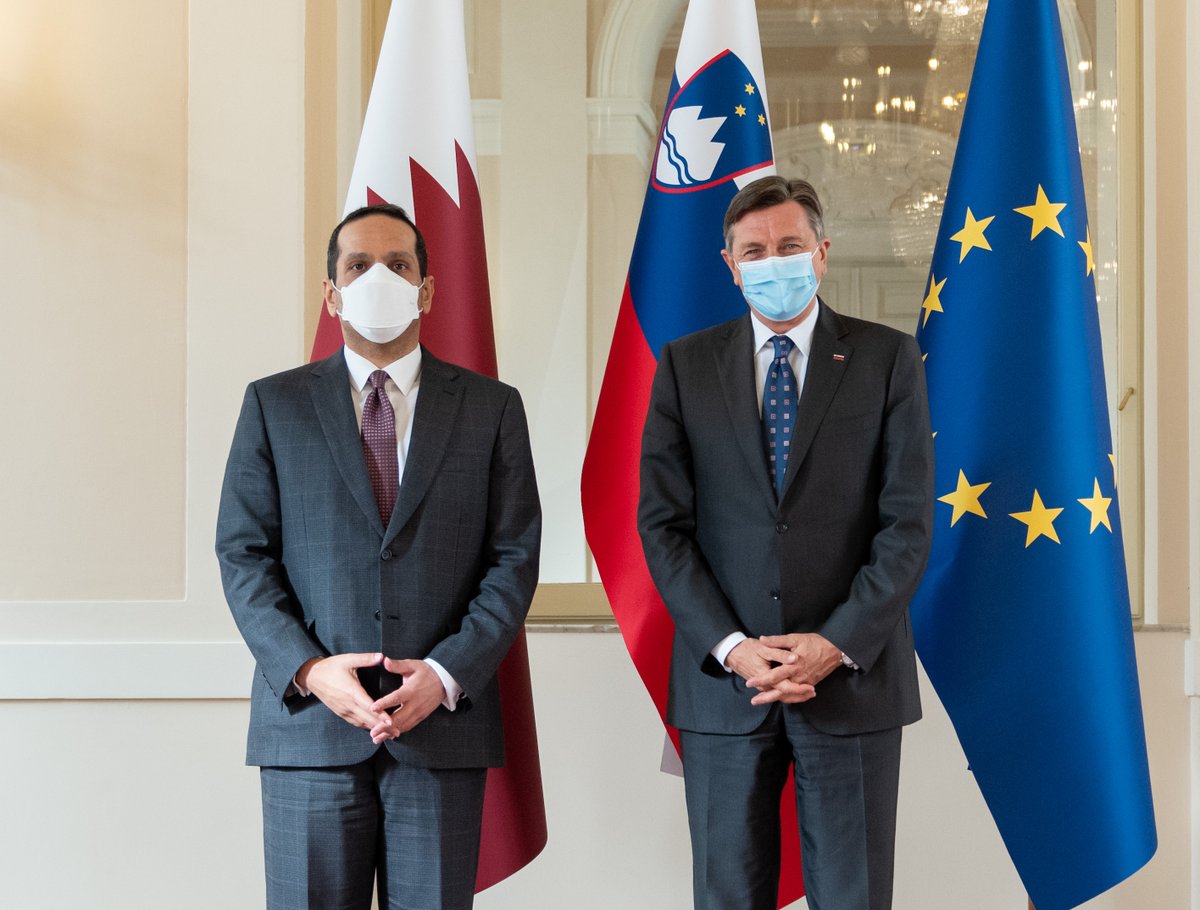 Deputy Prime Minister and Minister of Foreign Affairs H E Sheikh Mohammed bin Abdulrahman Al Thani with President of the Republic of Slovenia H E Borut Pahor in Ljubljana, yesterday. 