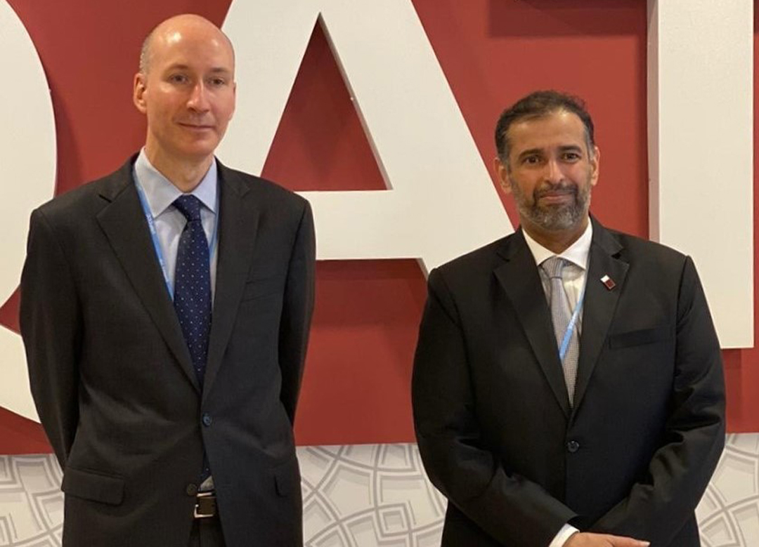 Minister of Environment and Climate Change H E Sheikh Dr. Faleh bin Nasser bin Ahmad bin Ali Al Thani meeting with US Deputy Secretary of Energy H E David Turk during his visit to Qatar’s pavilion on the sidelines of COP26, in Glasgow, UK, yesterday.