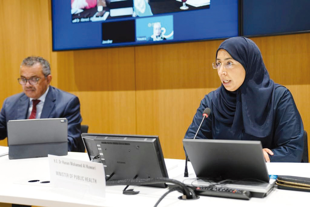 Minister of Public Health H E Dr. Hanan Mohamed Al Kuwari with WHO Director-General Dr. Tedros Adhanom Ghebreyesus during the strategic dialogue in Geneva, Switzerland.
