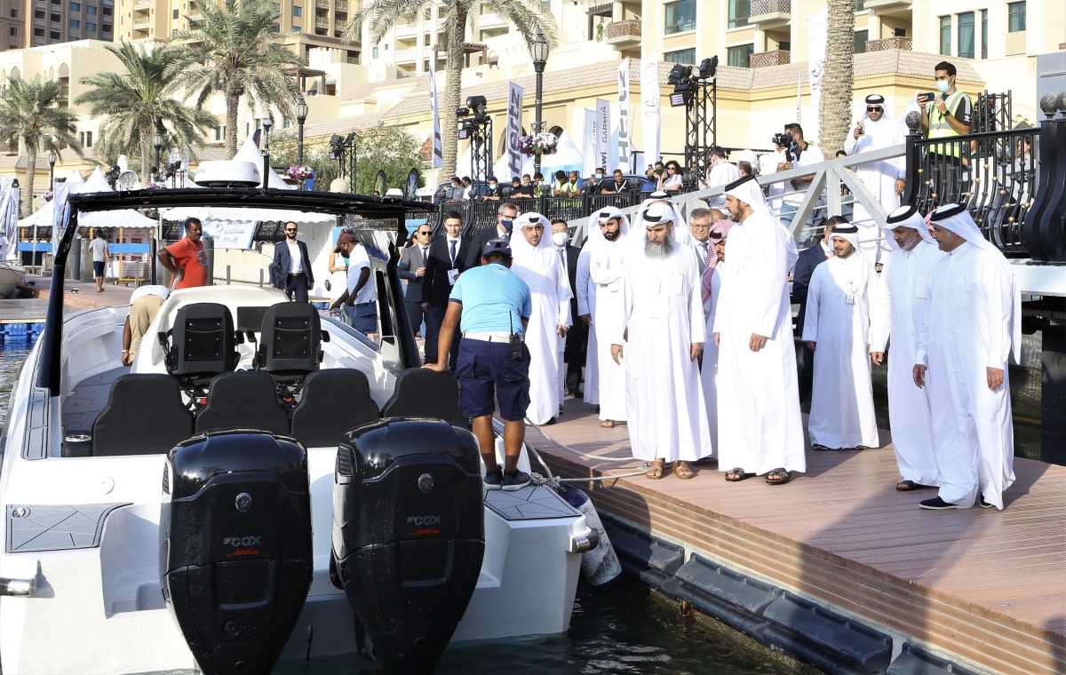 Minister of Commerce and Industry H E Mohammed bin Hamad bin Qassim Al Abdullah Al Thani with other official touring the 8th edition of Qatar International Boat Show at The Pearl Qatar. 