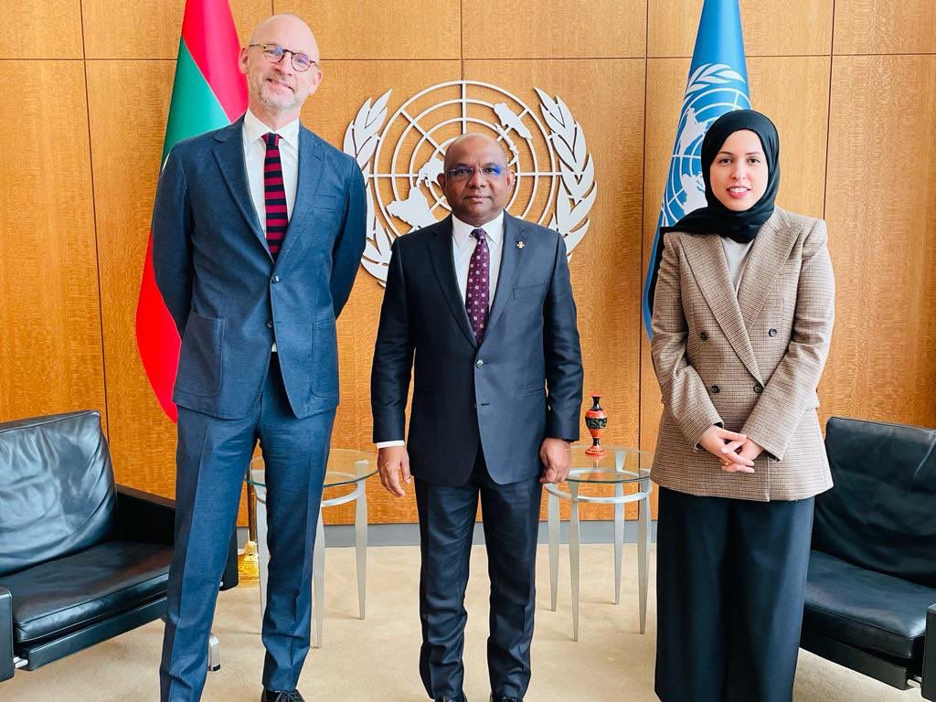 President of the 76th session of the UN General Assembly H E Abdulla Shahid (centre) with Permanent Representative of Qatar to the UN H E Ambassador Sheikha Alya Ahmed bin Saif Al Thani and Permanent Representative of Denmark H E Ambassador Bille Hermann during a meeting.