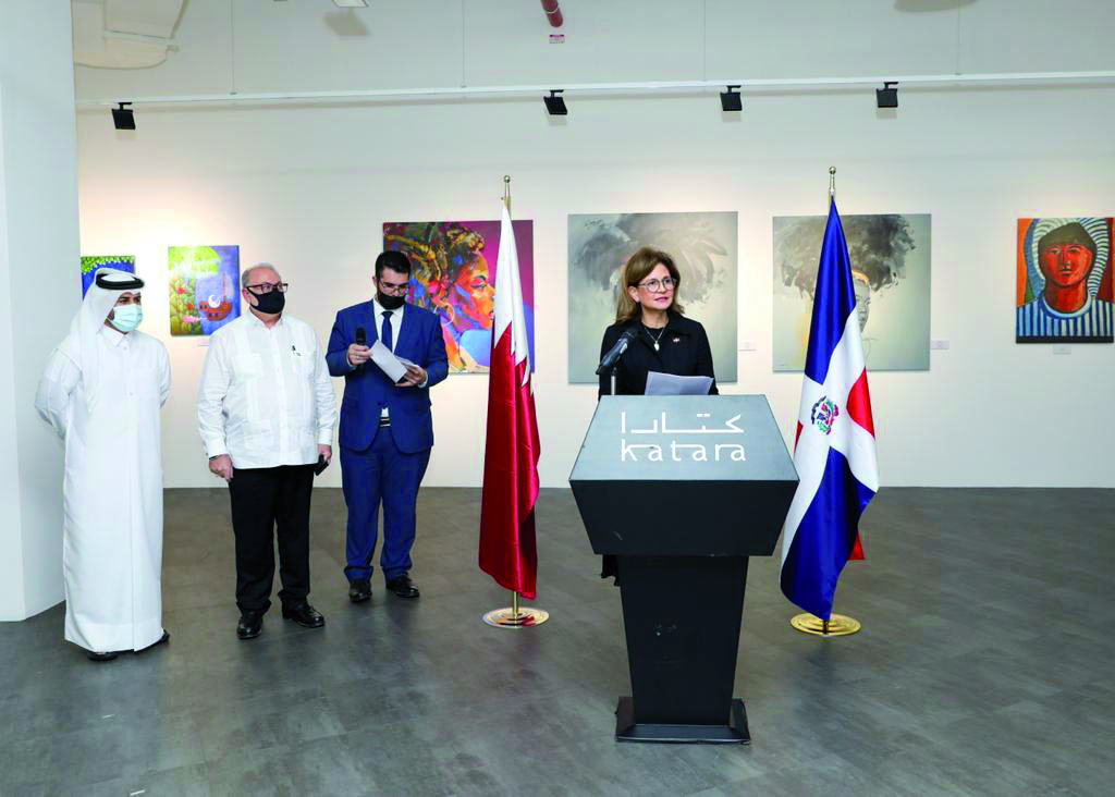 Vice-President of the Dominican Republic H E Raquel Peña addressing the opening of the exhibition. Katara General Manager Dr. Khalid bin Ibrahim Al Sulaiti and Ambassador of the Dominican Republic to the State of Qatar H E Georges Basha Hazim are also seen.