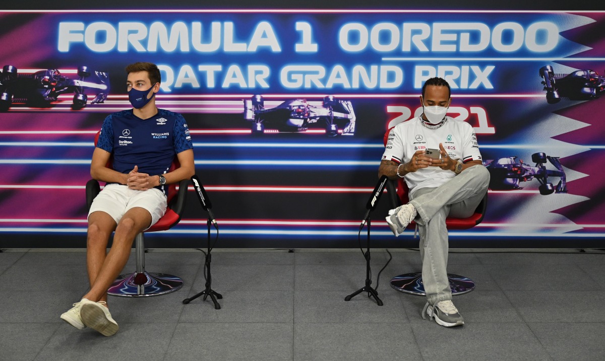 Williams’ George Russell and Mercedes’ Lewis Hamilton during a press conference yesterday.