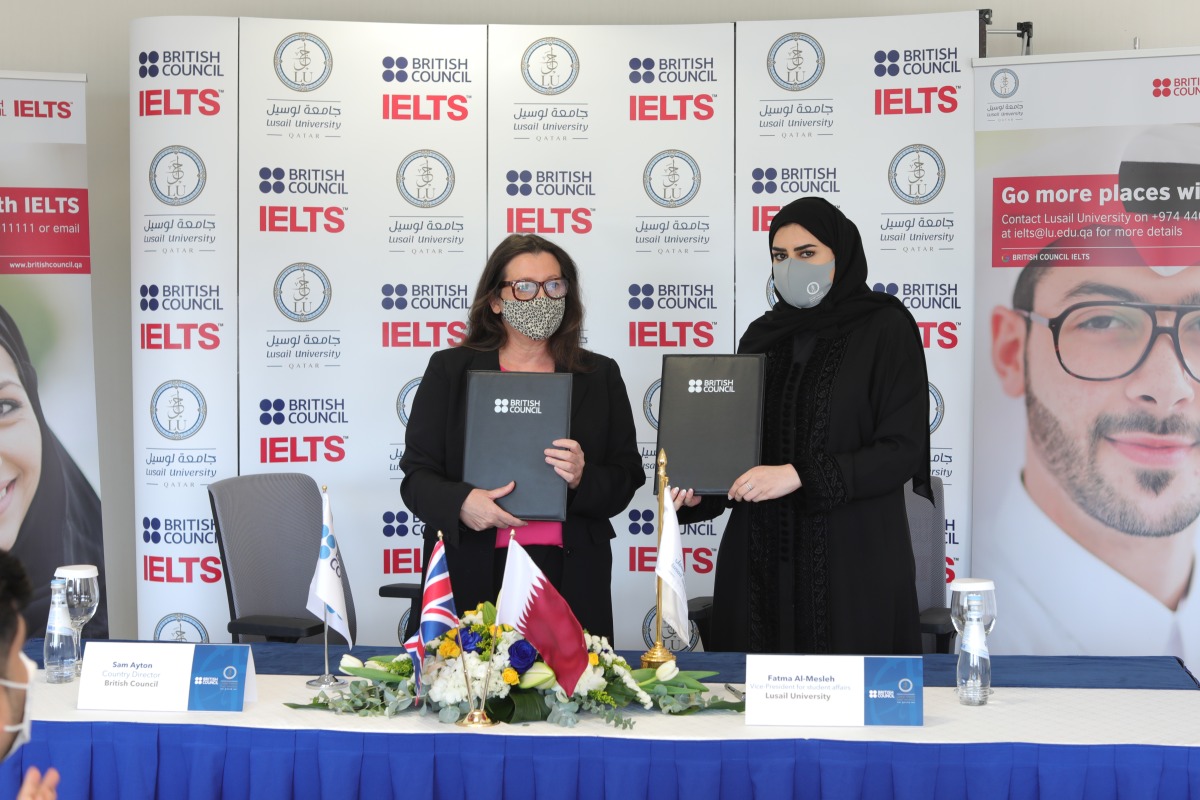 Lusail University Vice-President for Student Affairs Fatima Al Mesleh and Country Director British Council Qatar Sam Ayton during the agreement signing ceremony. 
