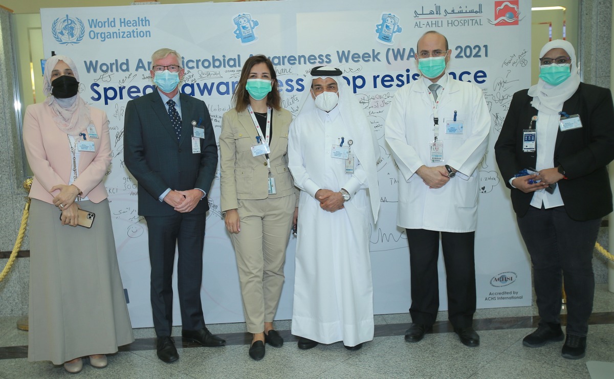 Officials of Al-Ahli Hospital during the launching of World Antimicrobial Awareness Week headed by Chief of Medical Staff Dr. Abdul Azim Abdul Wahab Hussain; Director of Pathology and Laboratory Medicine and Co-Chair of the Antimicrobial Stewardship Taskforce Dr. Mohammad El Ahmadi; and Director of Safety and Quality David Miller.  Pic: Rajan Vadakkemuriyil