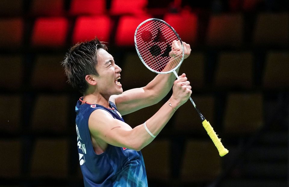 October 14, 2021 Japan's Kento Momota celebrates after winning his match. Claus Fisker/Ritzau Scanpix via REUTERS