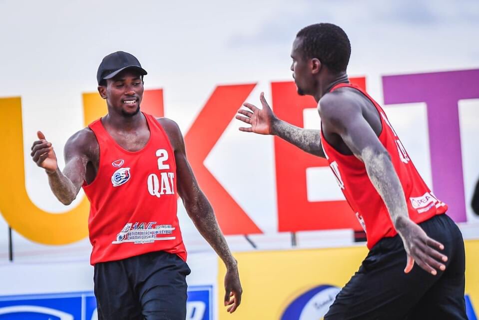 Cherif Younousse (right) and Tijan Ahmed celebrate a point yesterday.