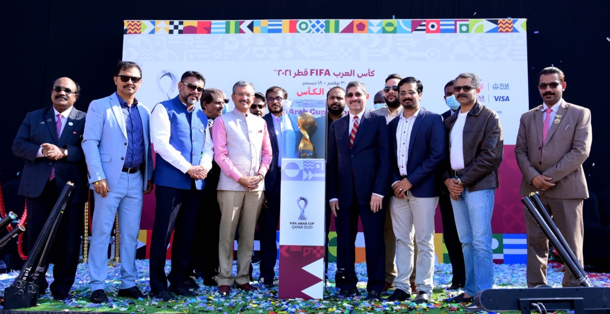 Ambassador of India to Qatar, H E Dr Deepak Mittal, during the unveiling of  the Arab Cup Trophy at the MES Indian School