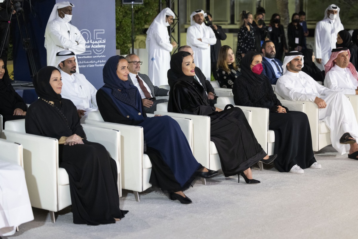 H H Sheikha Moza bint Nasser; H E Buthaina bint Ali Al Jabr Al Nuaimi, Minister of Education and Higher Education; H E Sheikha Hind bint Hamad Al Thani, Vice-Chairperson and CEO of Qatar Foundation, and other dignitaries during Qatar Academy Doha’s 25th anniversary celebrations, yesterday. Pic: Aisha Al Musallam