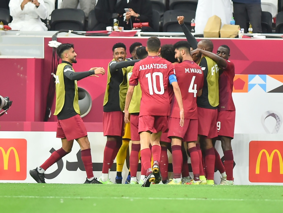 Qatar's players celebrate after Abdulaziz Hatem scored their first goal. Pic: Abdul Basit