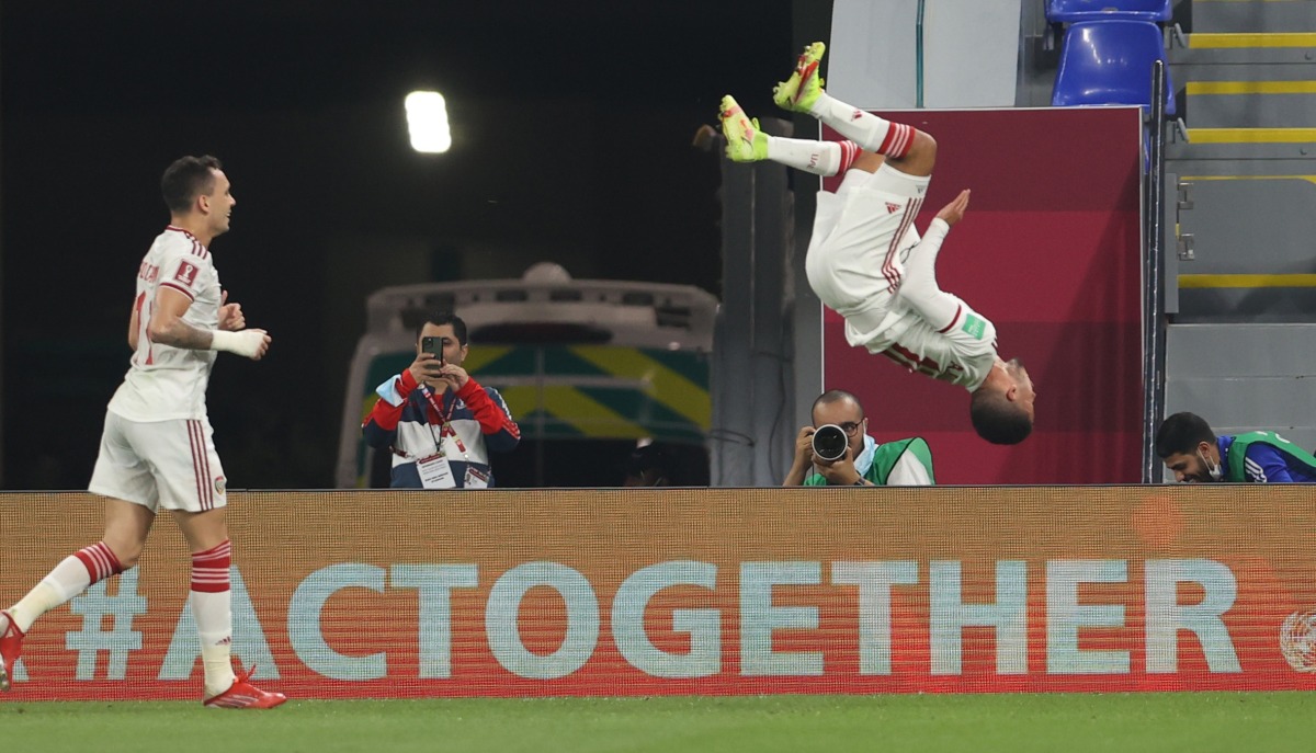 Caio Canedo celebrates after scoring United Arab Emirates’ first goal against Syria at Stadium 974, yesterday.