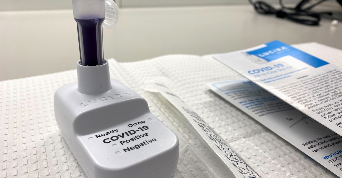 A new coronavirus disease (COVID-19) at-home test kit made by Lucira Health, newly approved by the U.S. Food and Drug Administration for emergency use authorization, sits on a table at a Sutter Health lab in San Carlos, California, U.S. November 18, 2020. REUTERS/Nathan Frandino



