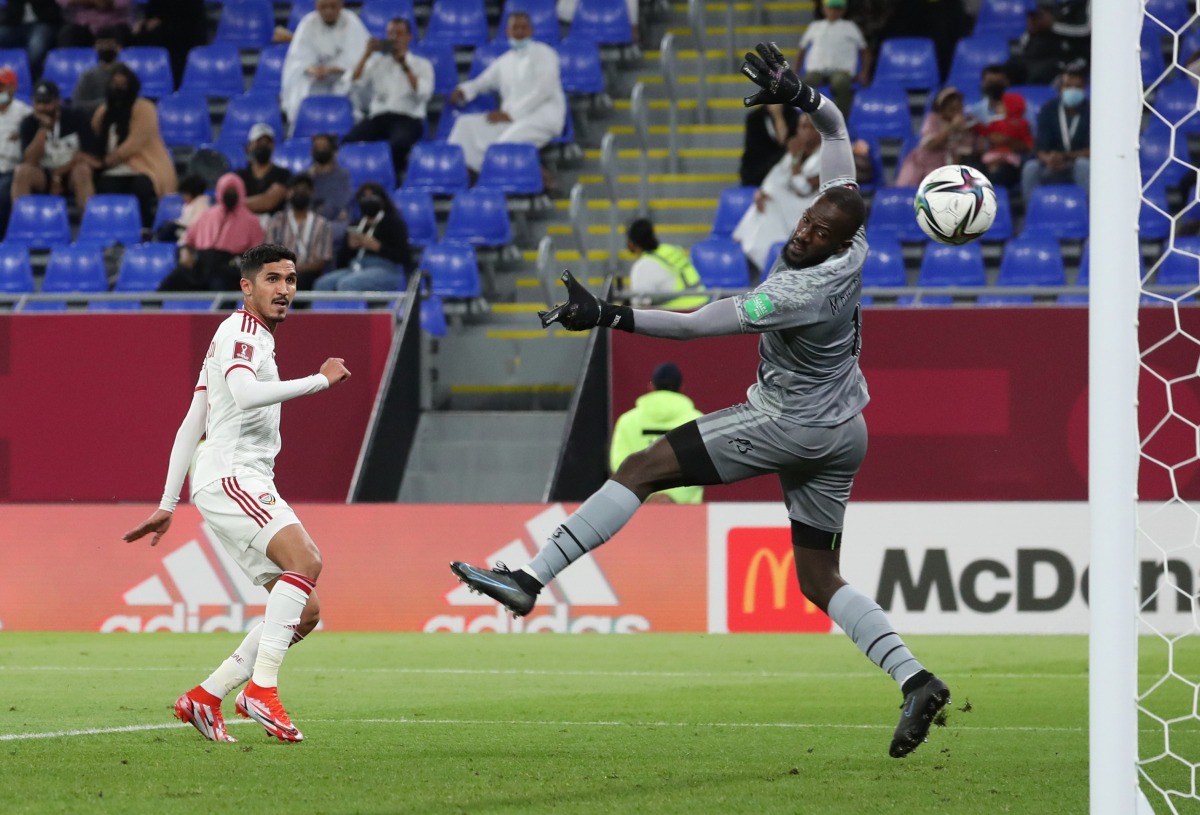 Khalil Ibrahim scores United Arab Emirates' first goal against Mauritania during their FIFA Arab Cup Qatar 2021 Group B match  at 974 Stadium, Doha on Friday.