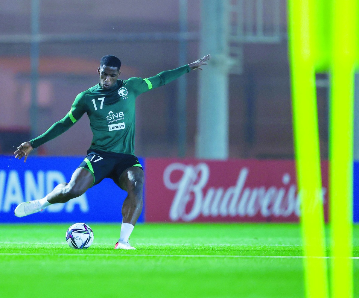 Saudi Arabian midfielder Meshal Khairallah in action during a training session yesterday in Doha. Picture: Twitter/@SaudiNT