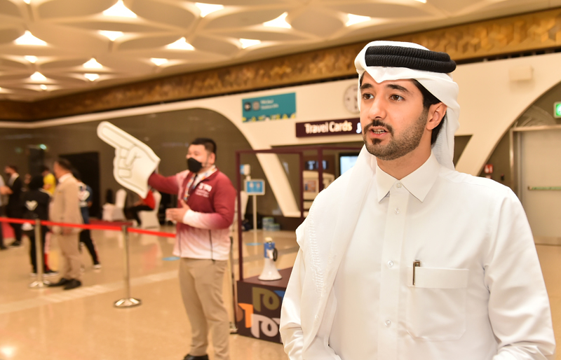 Eng Hamdan Rashid Al Mulla briefing the media about arrangements by Doha Metro during Arab Cup, at Ras Bu Aboud Metro Station, yesterday. PIC: Abdul Basit